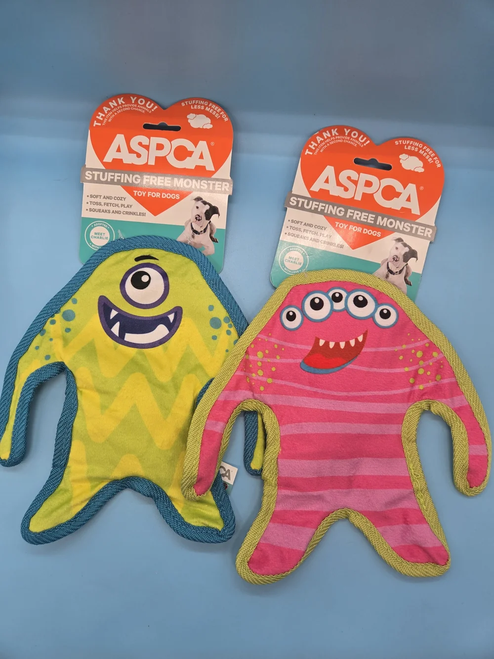 ASPCA Stuffing Free Monster Dog Toys Green & Pink- 2 Pack